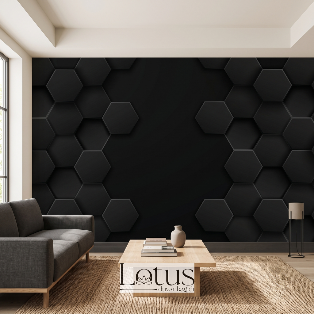 Gri koltuk takımı ve ahşap sehpa arkasında uygulanan siyah 3D altıgen panel desenli modern salon duvar muralı