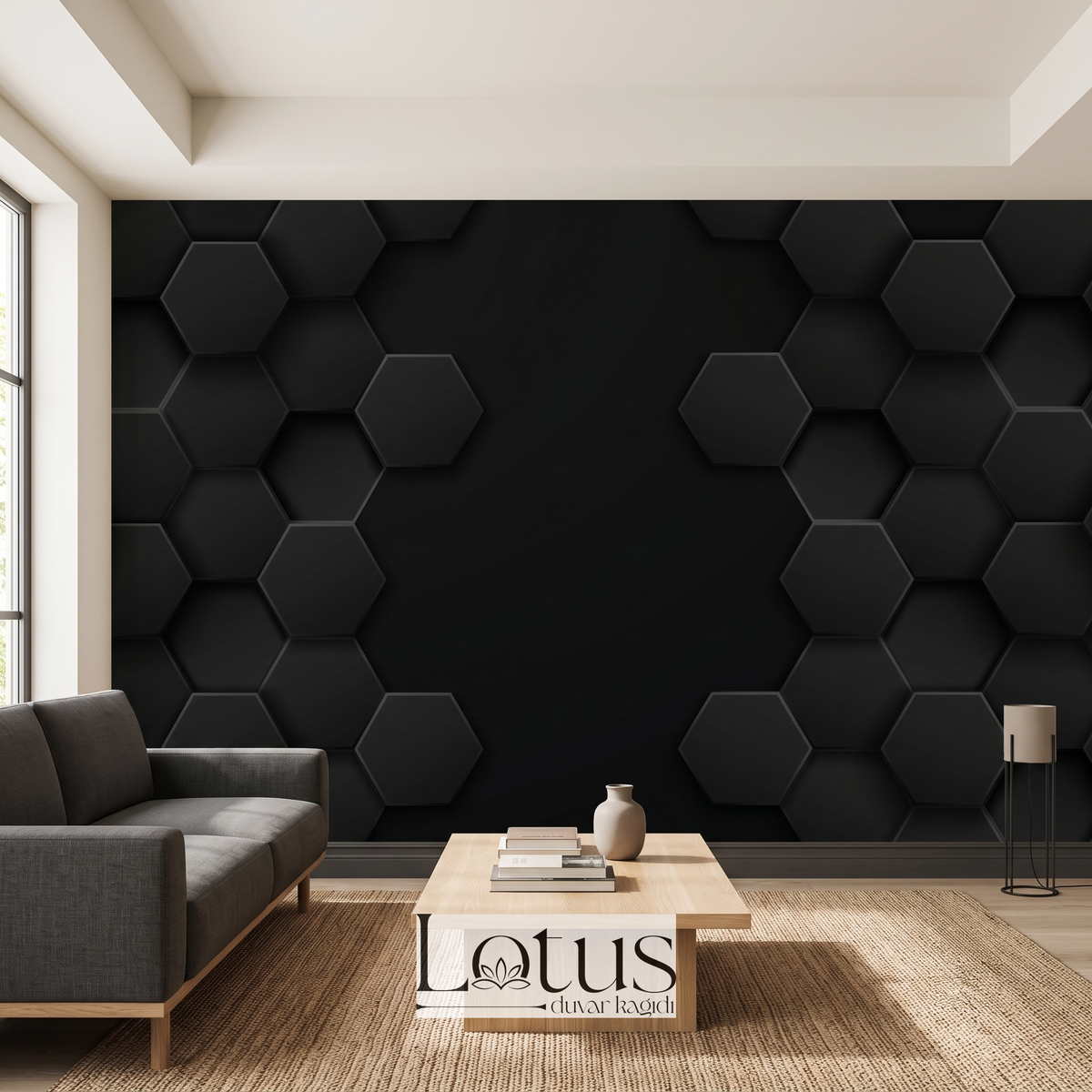 Gri koltuk takımı ve ahşap sehpa arkasında uygulanan siyah 3D altıgen panel desenli modern salon duvar muralı