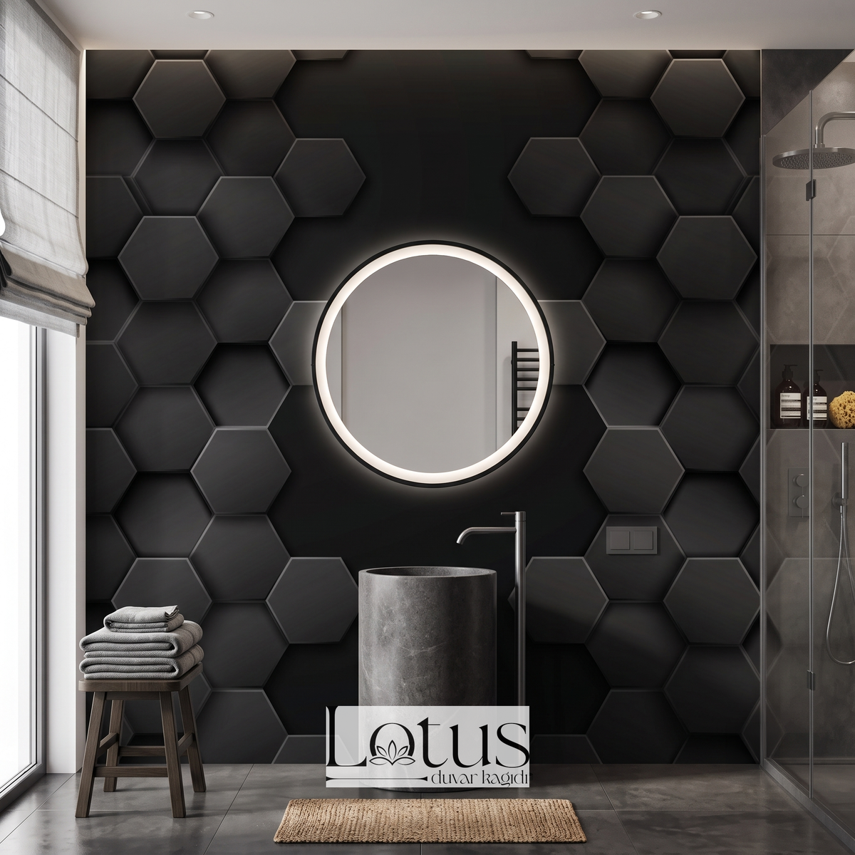Dairesel ışıklı ayna ve taş lavabo arkasında tercih edilen antrasit 3D altıgen desenli modern banyo duvar muralı