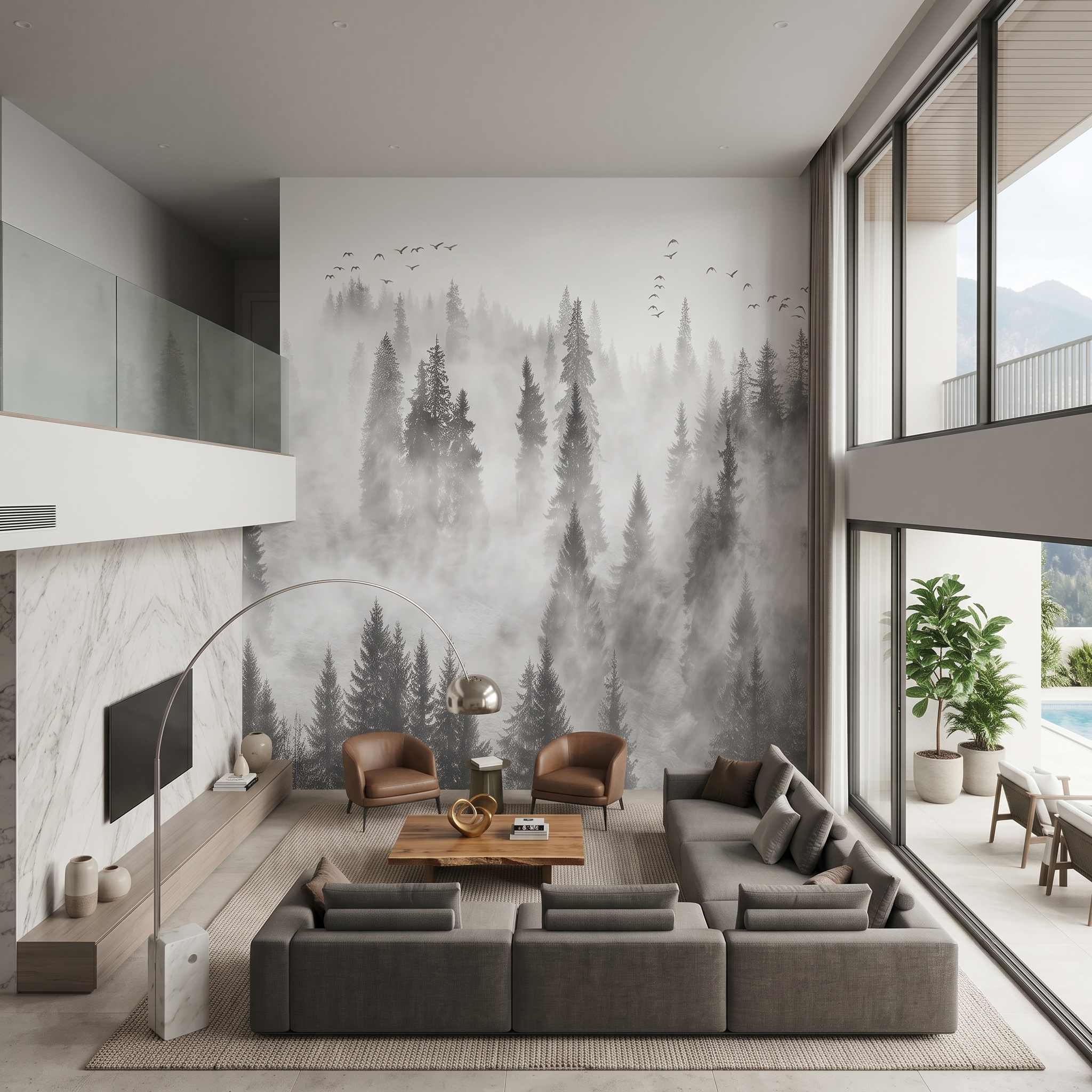 Lüks villa duvar kağıdı tasarımı orman manzaralı
