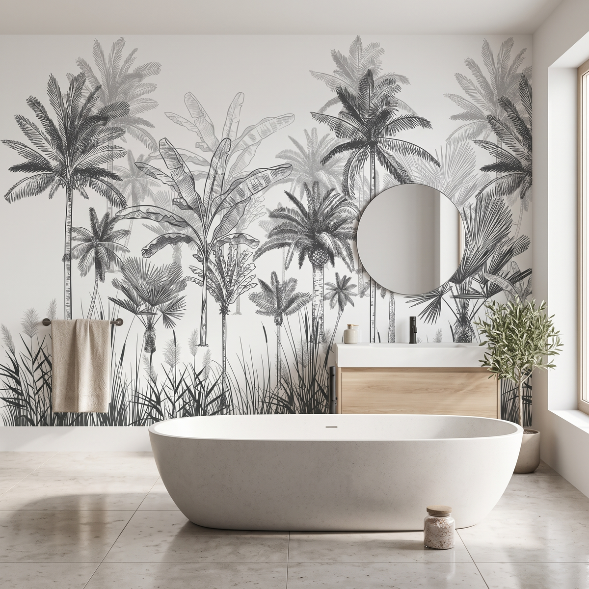 Beyaz ayaklı küvet ve ahşap lavabo tezgahı arkasında kullanılan siyah beyaz palmiye desenli modern banyo duvar kağıdı