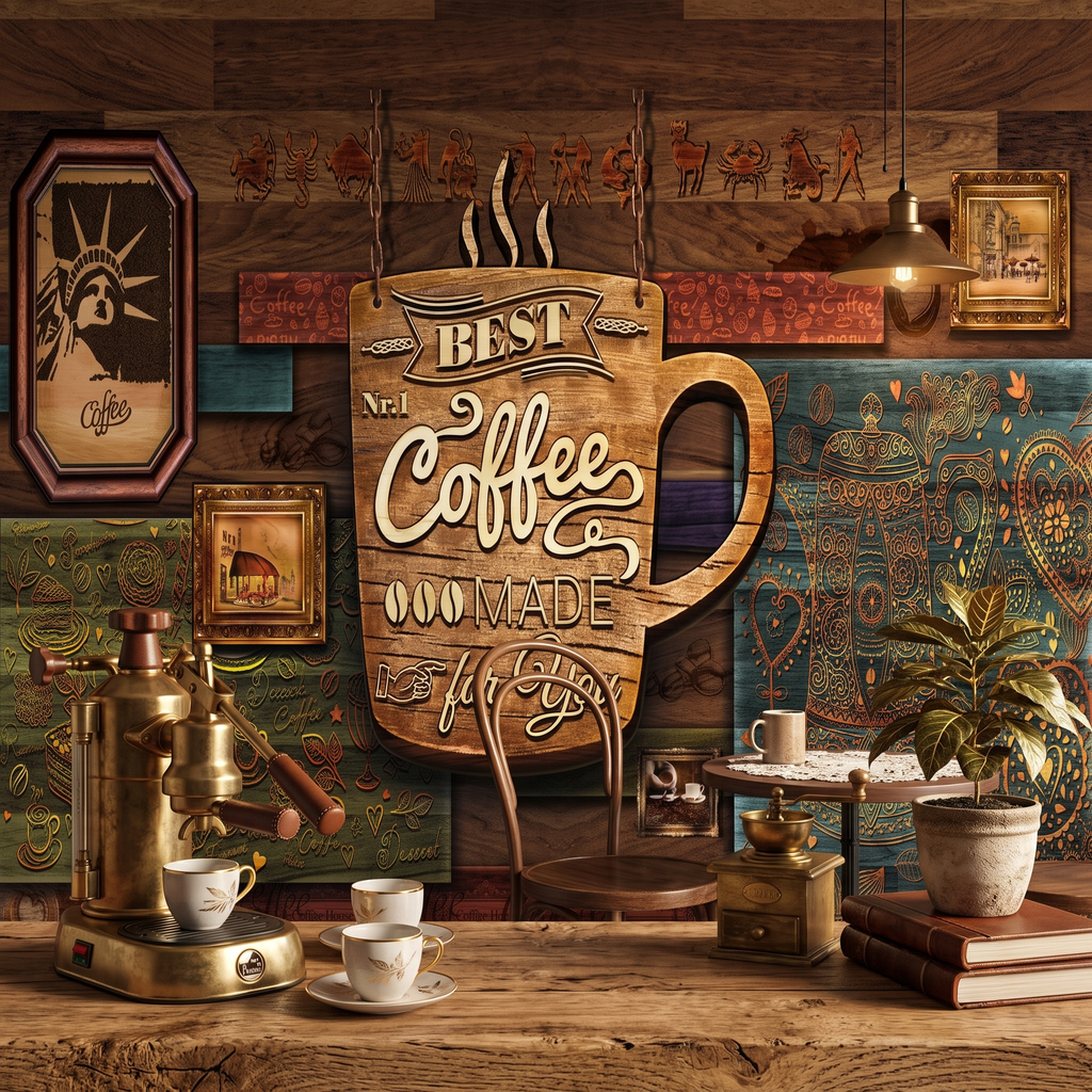 Mutfak veya kafe duvarında ahşap görünümlü Best Coffee tasarımlı duvar dekorasyonu