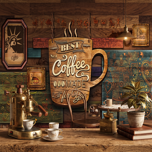 Mutfak veya kafe duvarında ahşap görünümlü Best Coffee tasarımlı duvar dekorasyonu