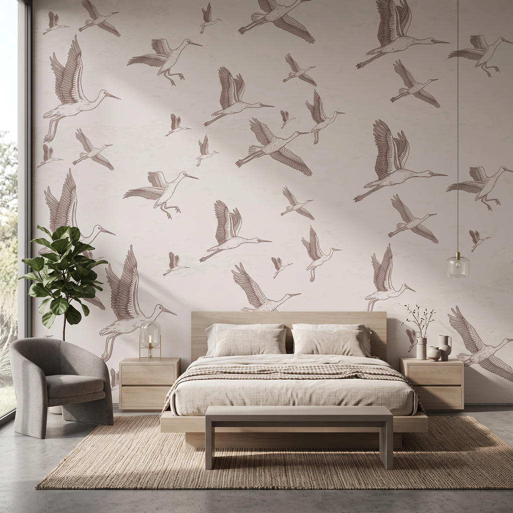 Minimalist yatak odası arka duvarında uygulanmış uçan leylek desenli bej duvar kağıdı