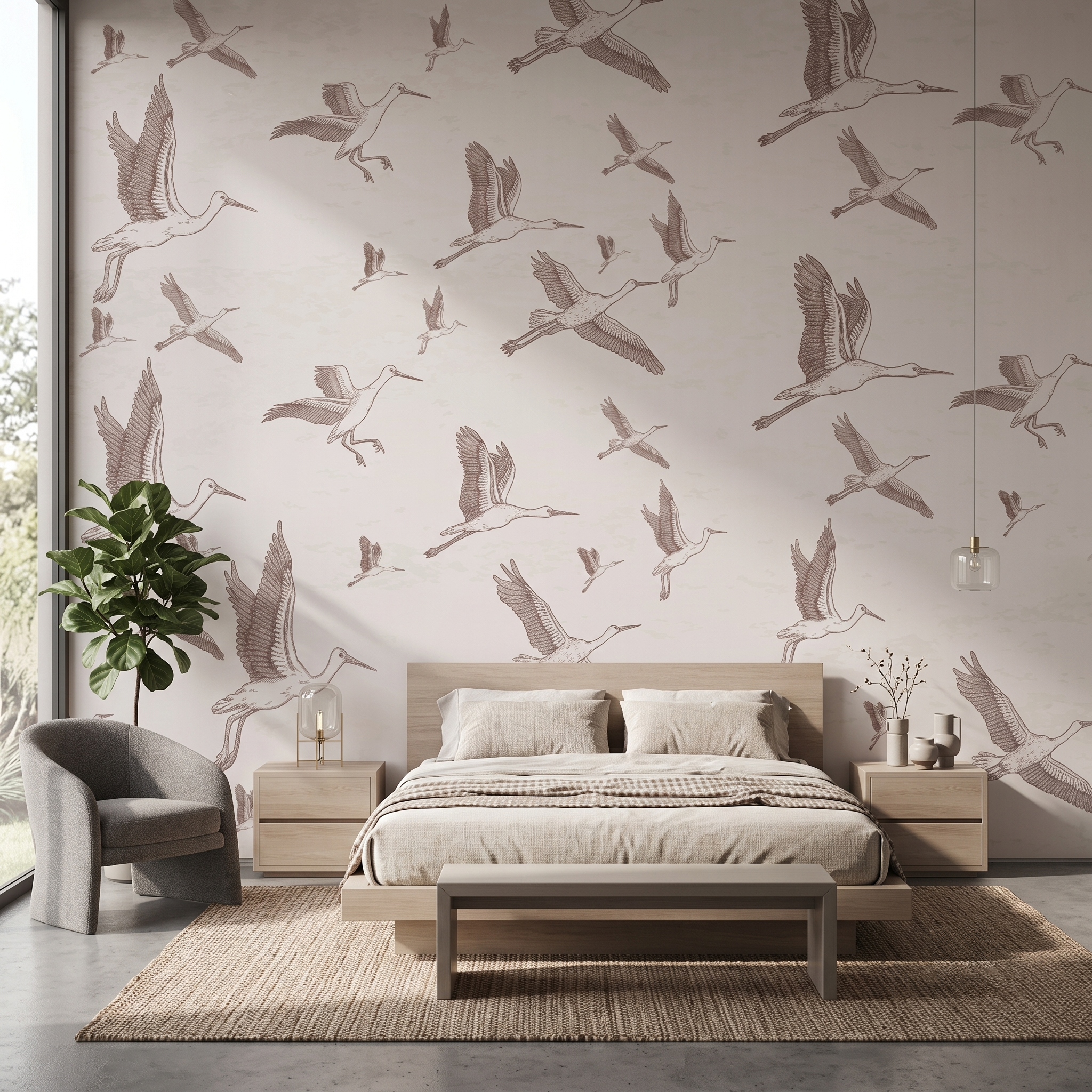 Minimalist yatak odası arka duvarında uygulanmış uçan leylek desenli bej duvar kağıdı