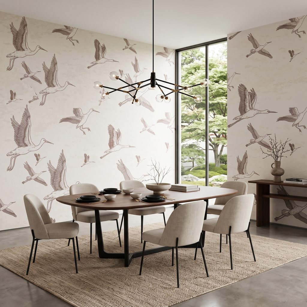 Modern ahşap yemek masası ve minimalist mobilyalarla uyumlu kuş desenli krem duvar kağıdı
