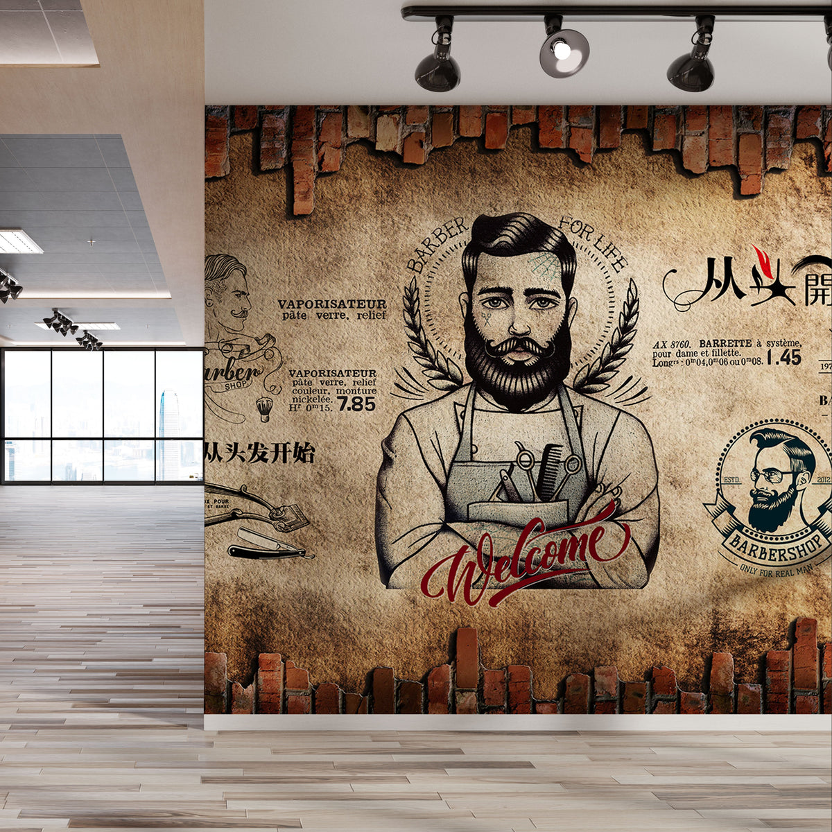 Geniş koridor duvarında kullanılmış nostaljik barbershop ve eskitme tuğla desenli duvar muralı