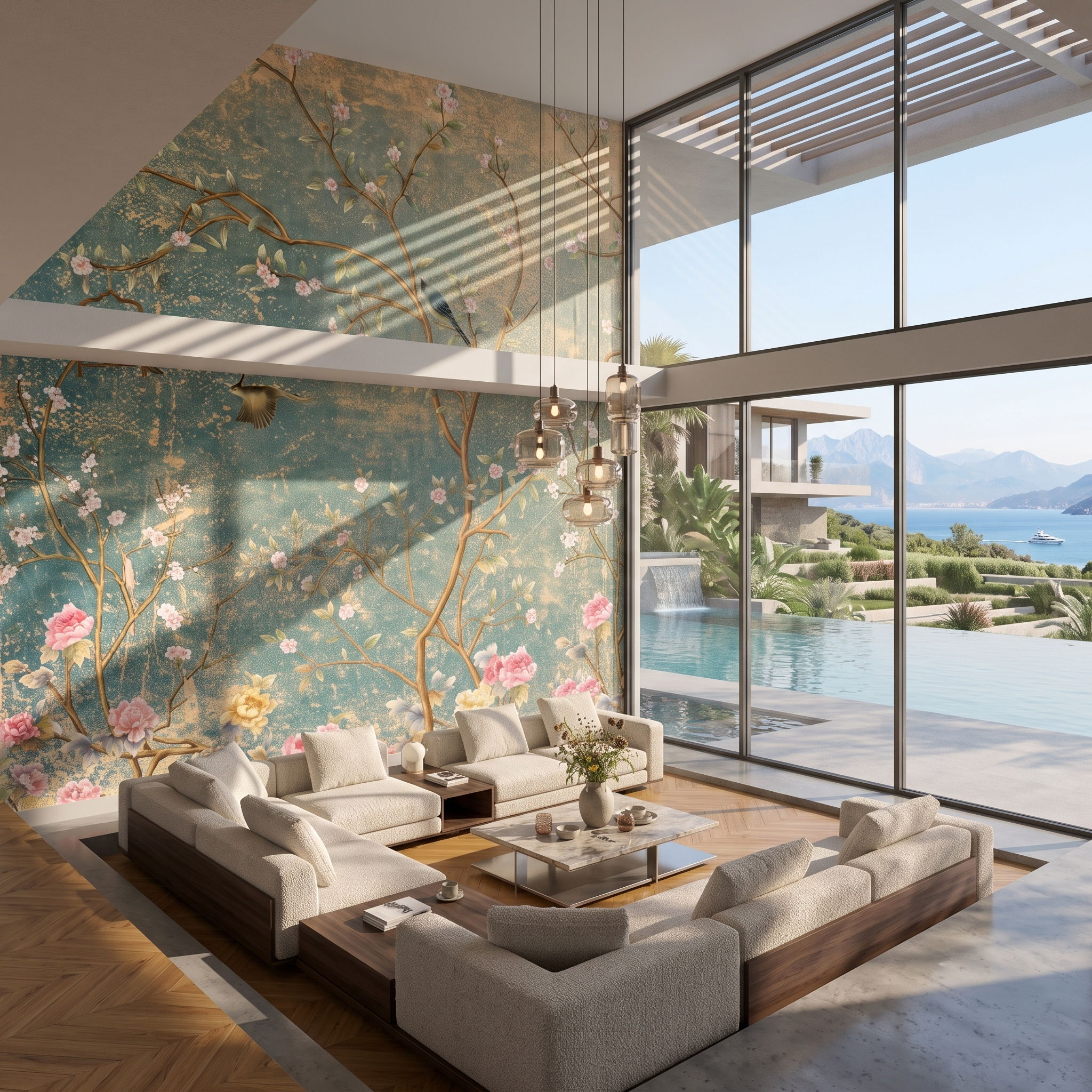 Yüksek tavanlı modern salonda dev duvar kaplaması olarak kullanılan Klasik Uzak Doğu çiçekli duvar muralı