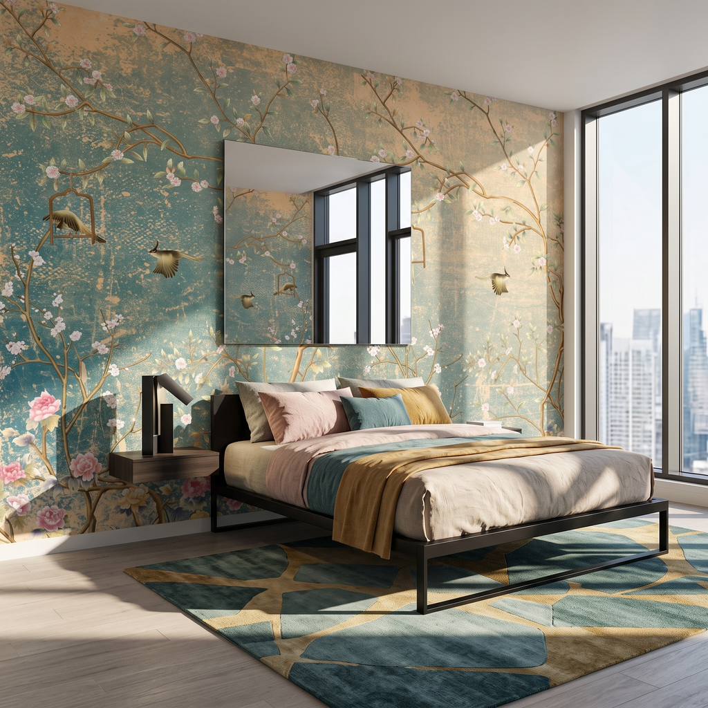 Siyah karyolalı modern yatak odasında yatak arkasında kullanılan Chinoiserie tarzı floral duvar kağıdı