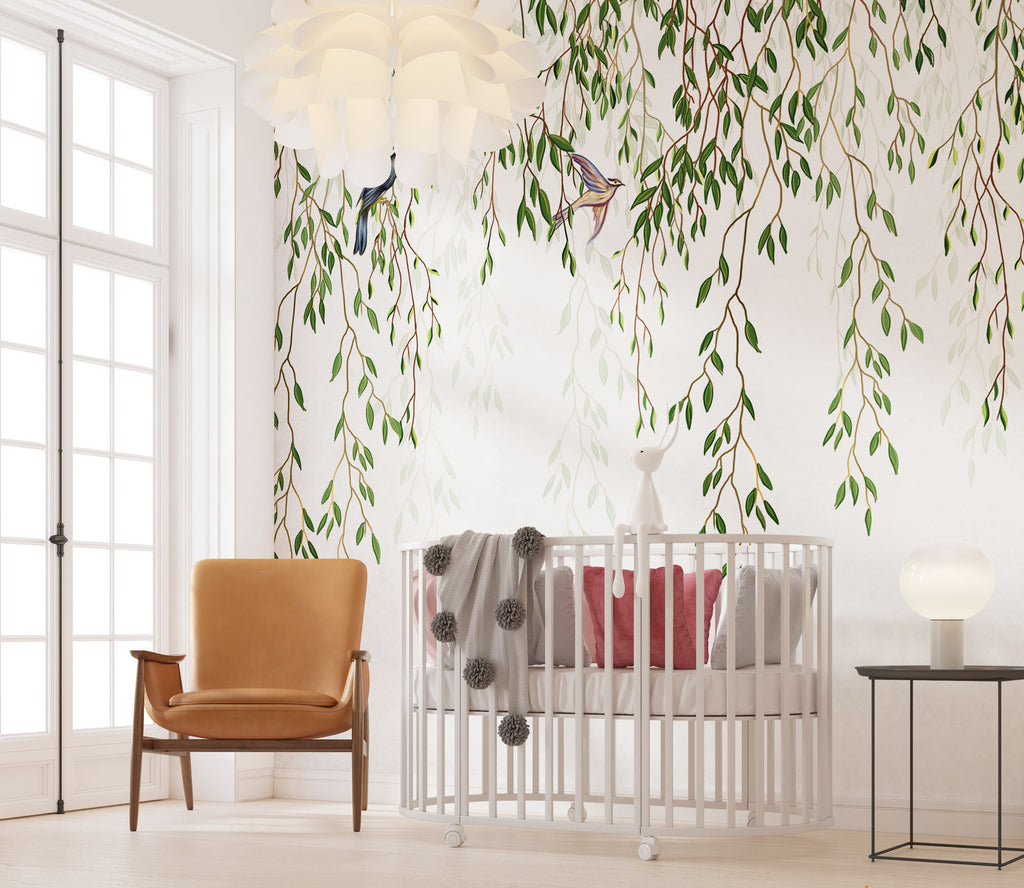 Salkım Söğüt Yapraklı ve Kuş Desenli Duvar Kağıdı - Yeşil Doğa Temalı - lot18