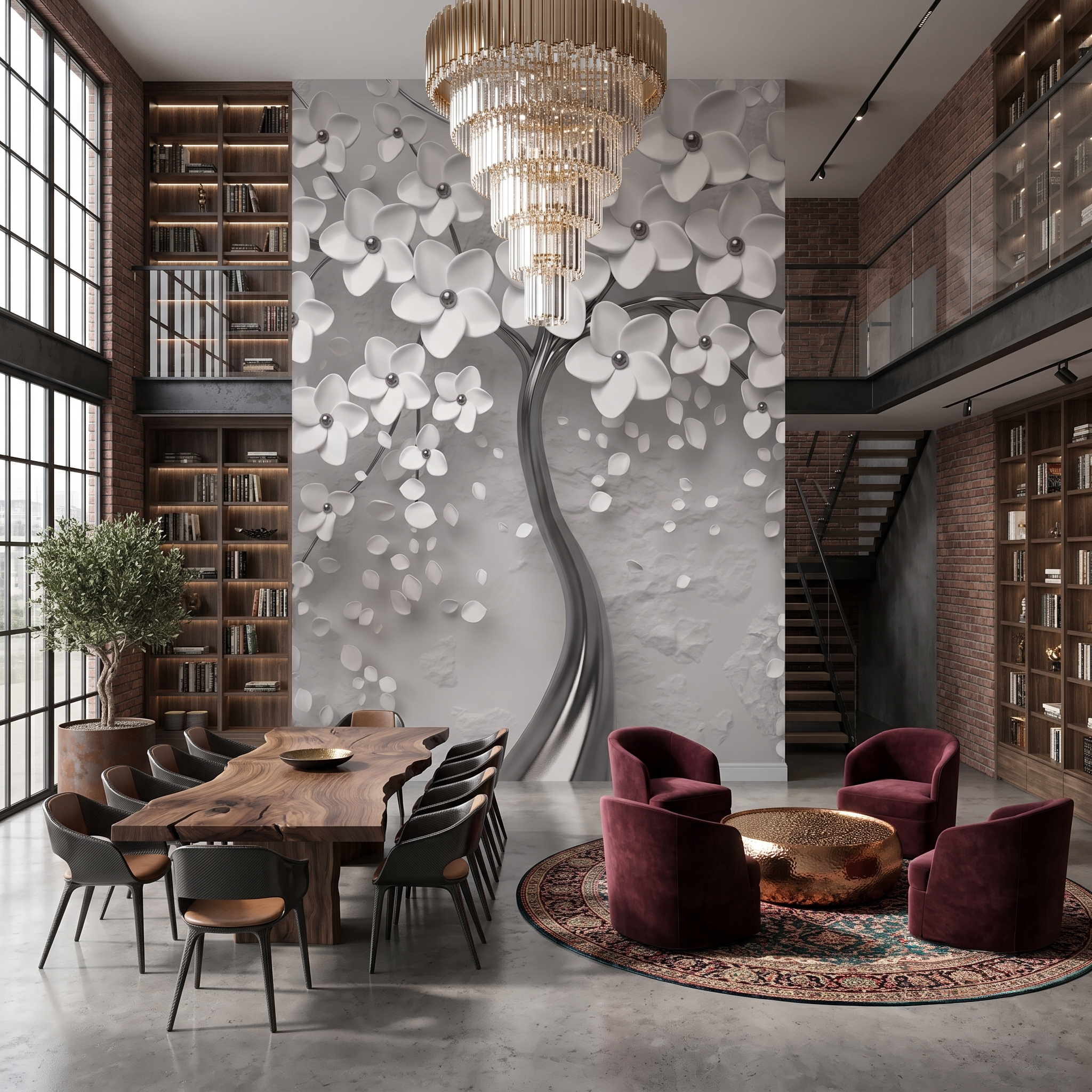 3D Kabartma Efektli Beyaz Çiçekli Ağaç Duvar Kağıdı -Lot2