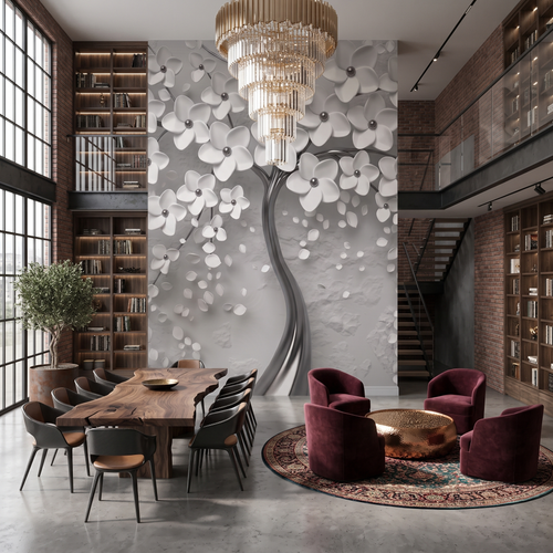 3D Kabartma Efektli Beyaz Çiçekli Ağaç Duvar Kağıdı -Lot2