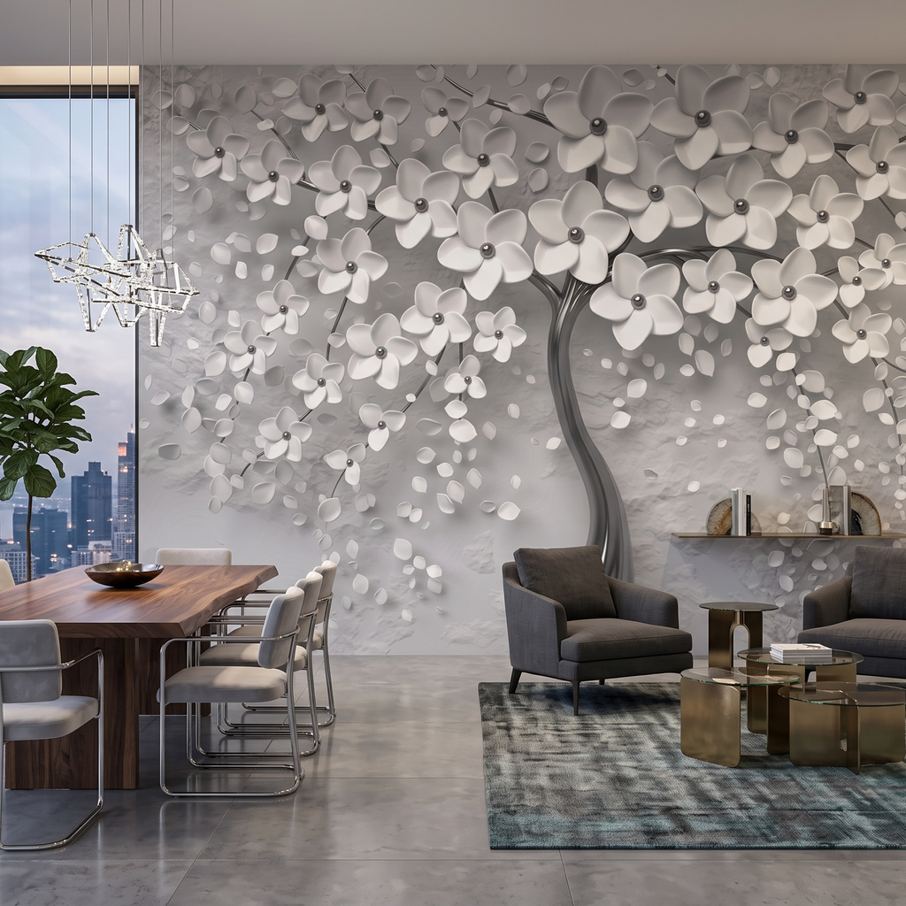 3D Kabartma Efektli Beyaz Çiçekli Ağaç Duvar Kağıdı -Lot2