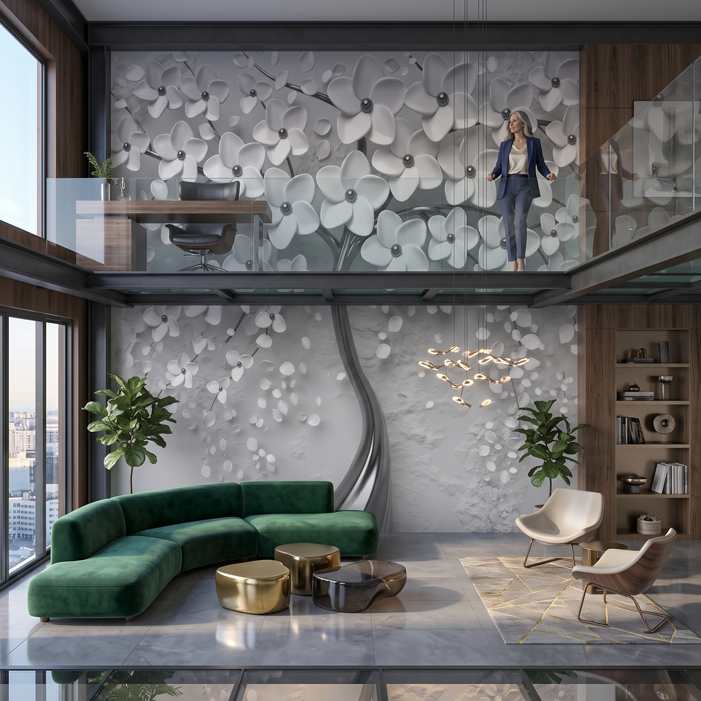 3D Kabartma Efektli Beyaz Çiçekli Ağaç Duvar Kağıdı -Lot2