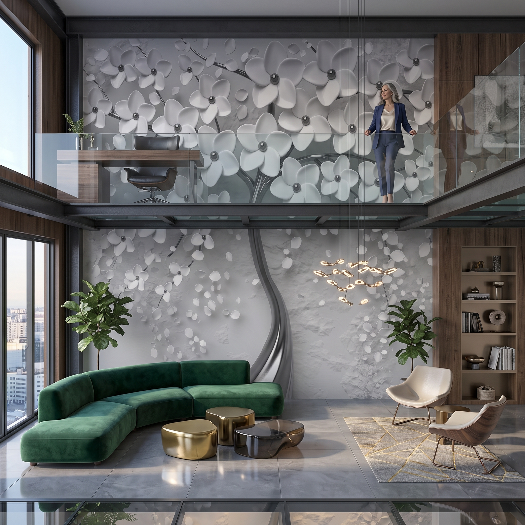 3D Kabartma Efektli Beyaz Çiçekli Ağaç Duvar Kağıdı -Lot2