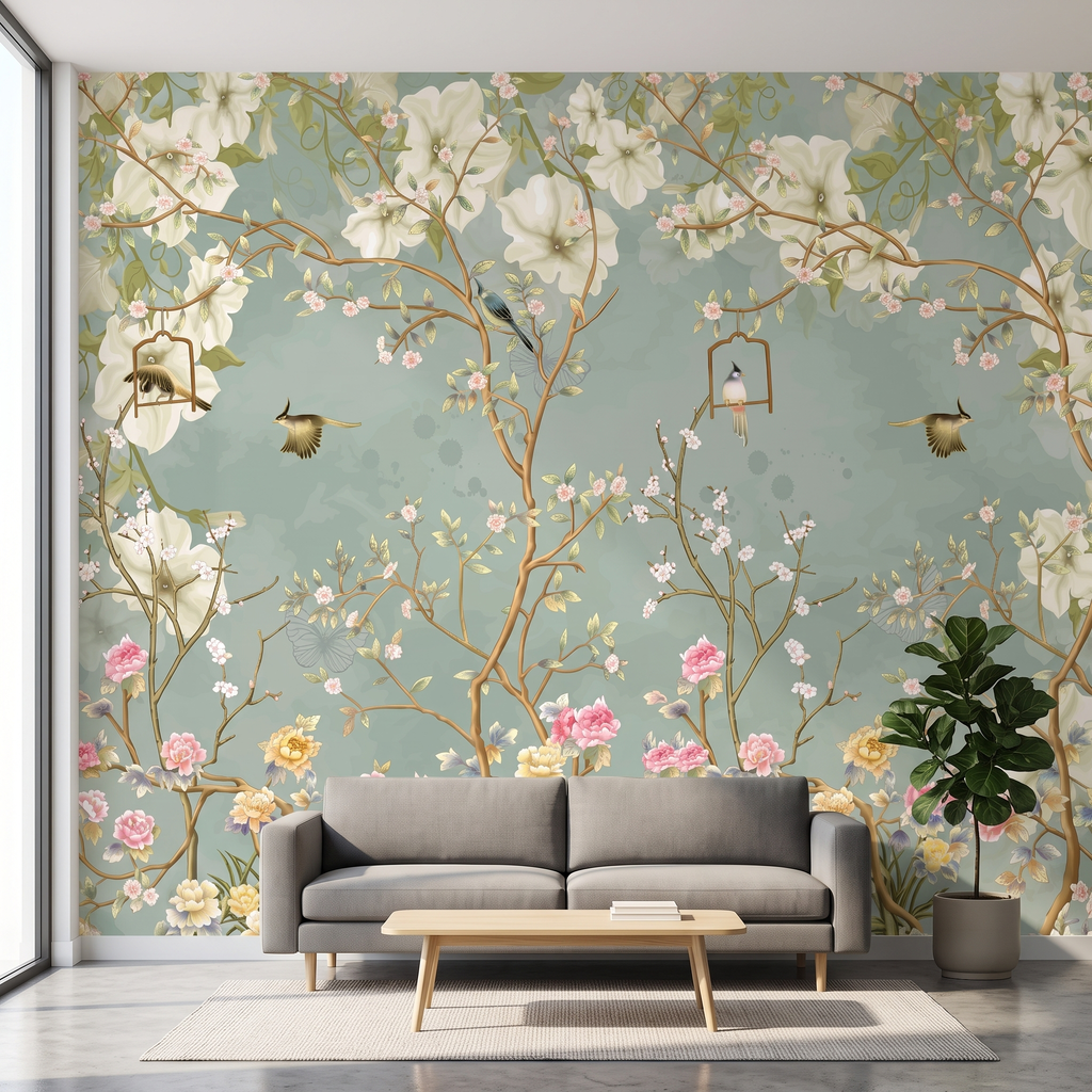 Gri modern koltuk arkasında uygulanmış Chinoiserie stilinde adaçayı yeşili kuşlu ve çiçekli duvar kağıdı