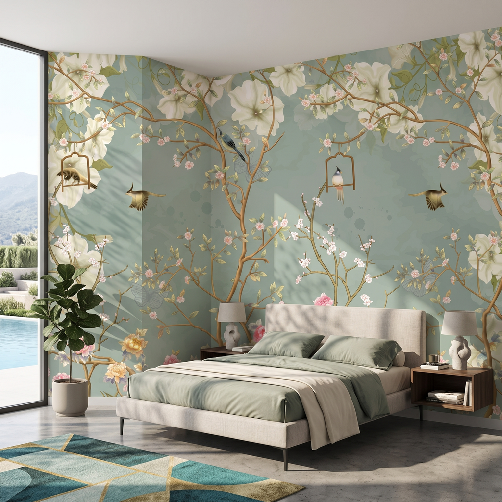 Bej karyolalı modern yatak odasında yatak başı duvarında kullanılmış huzurlu botanical kuşlu duvar kağıdı