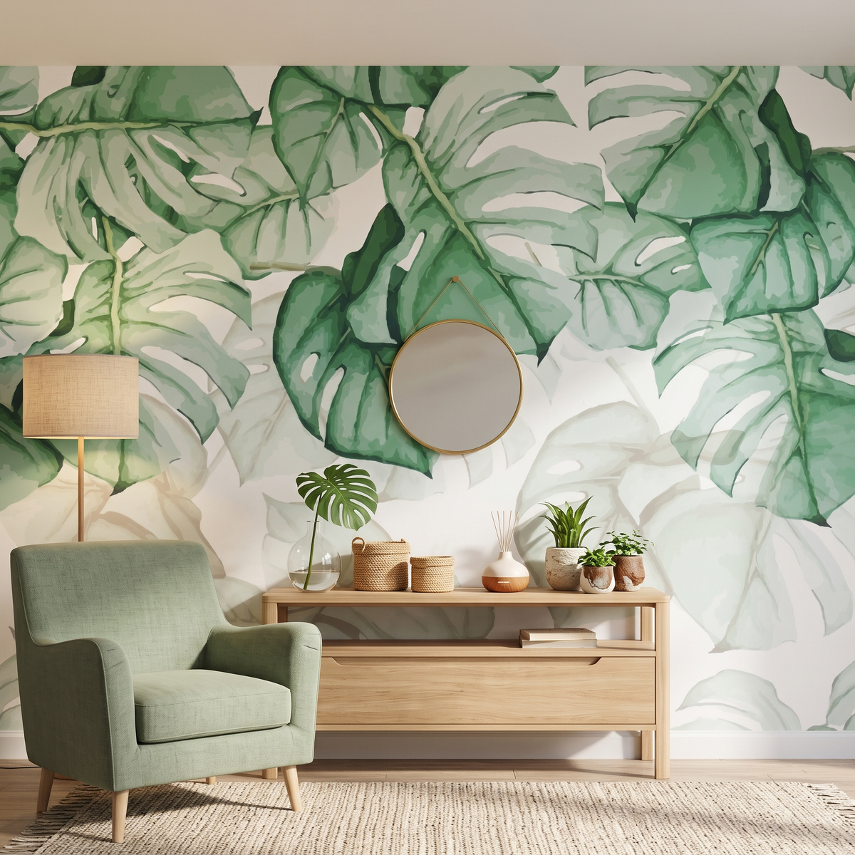 Sulu Boya Deve Tabanı Yapraklı Tropikal Yeşil Duvar Kağıdı - lot22