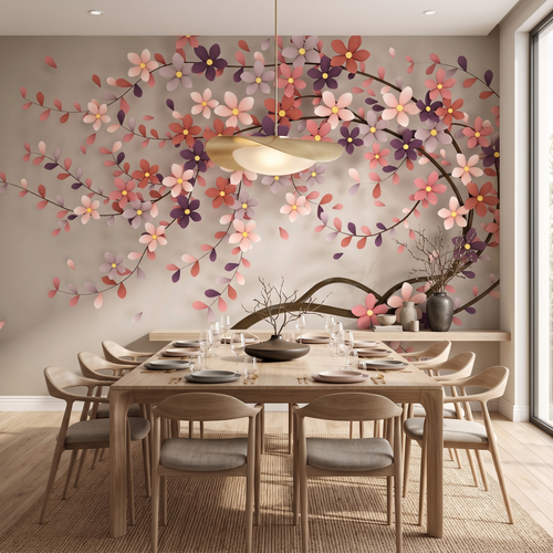 Doğal ahşap yemek masası arkası duvarında kullanılmış 3D boyutlu çiçek desenli duvar muralı