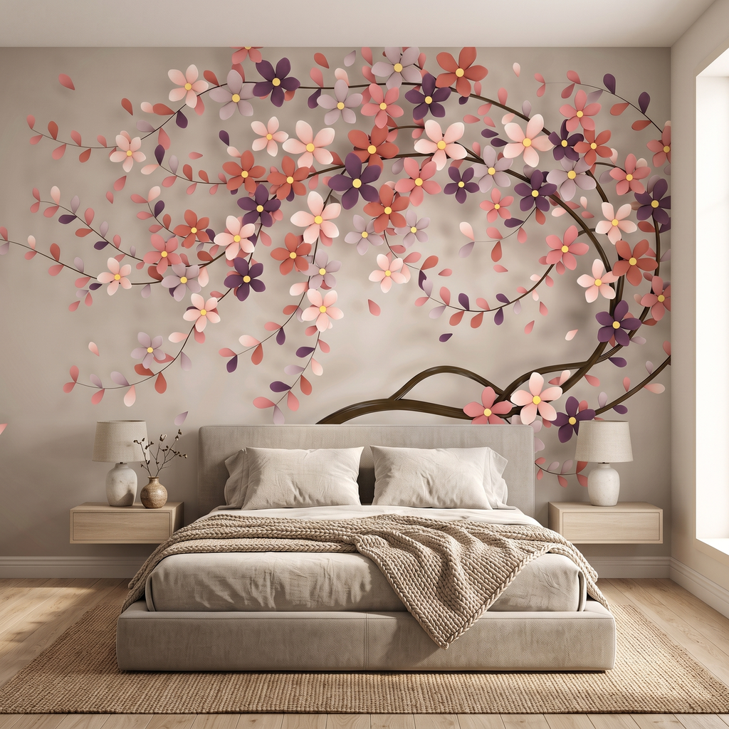 Krem kumaş başlıklı yatak arkasında tercih edilen romantik 3D pembe çiçekli bahar dalı duvar kağıdı