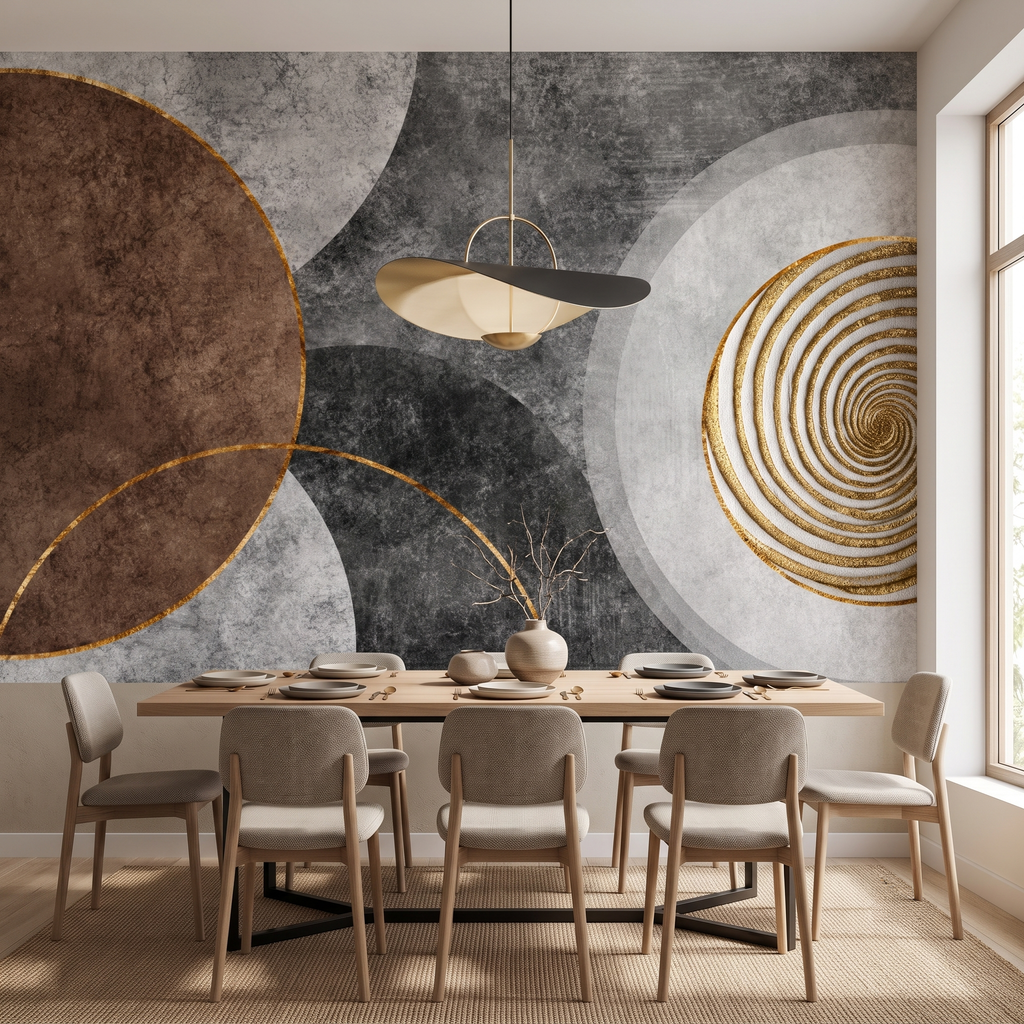 Ahşap yemek masası arkasında uygulanmış eskitme dokulu altın spiral detaylı modern duvar muralı