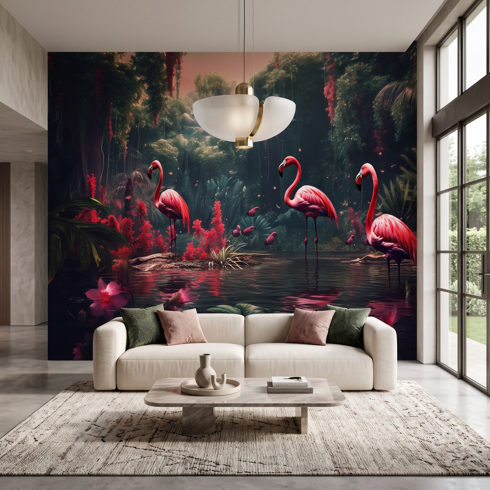 Krem koltuk arkasında koyu yeşil orman ve pembe flamingo desenli egzotik duvar kağıdı
