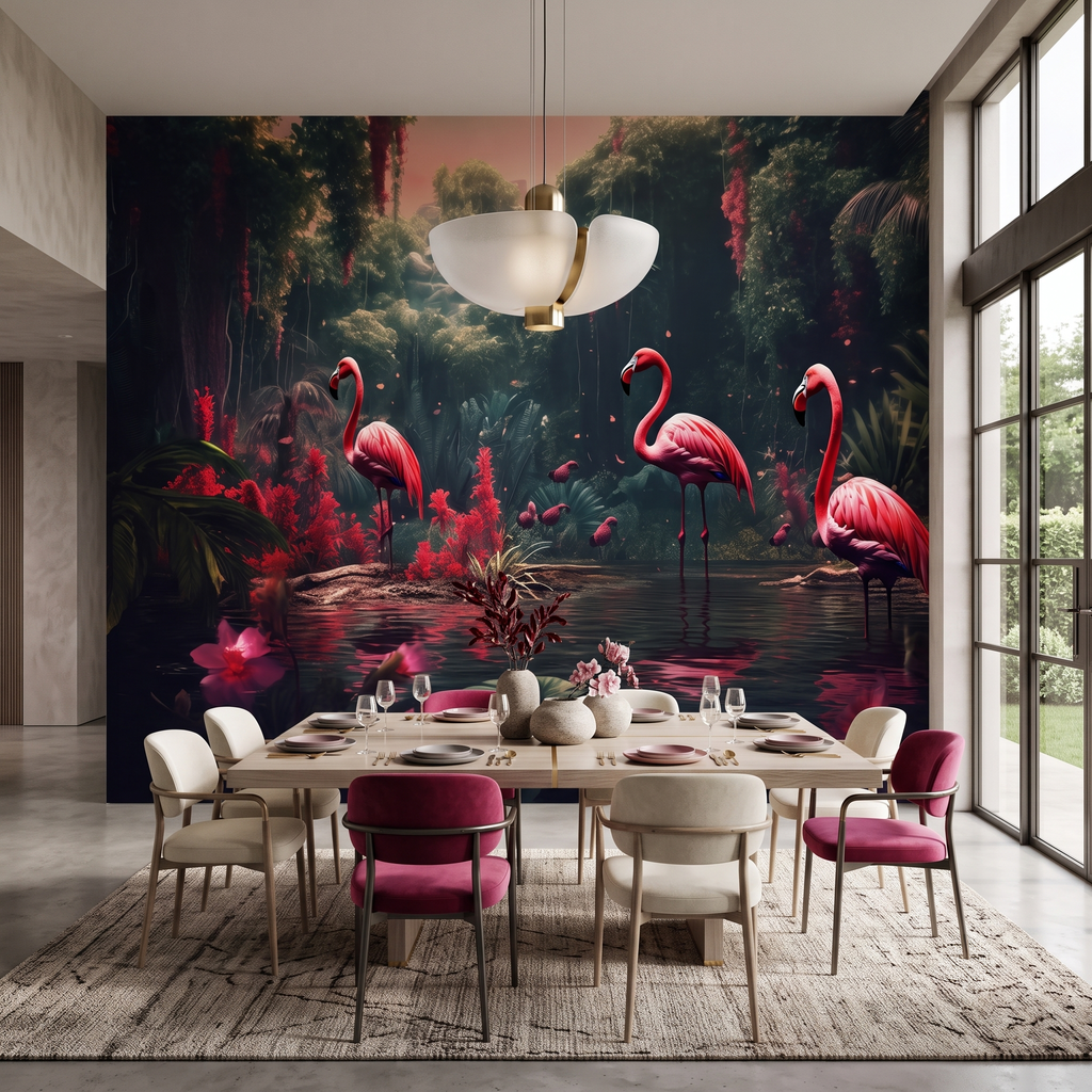 Bordo sandalye ve ahşap masa arkasında uygulanmış dark egzotik flamingo desenli duvar muralı