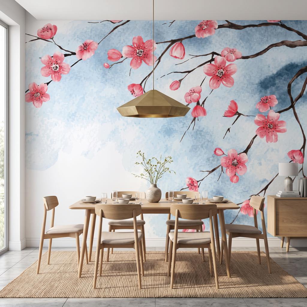 Ahşap yemek masası arkası duvarında tercih edilen mavi ve pembe çiçekli bahar dalı duvar muralı