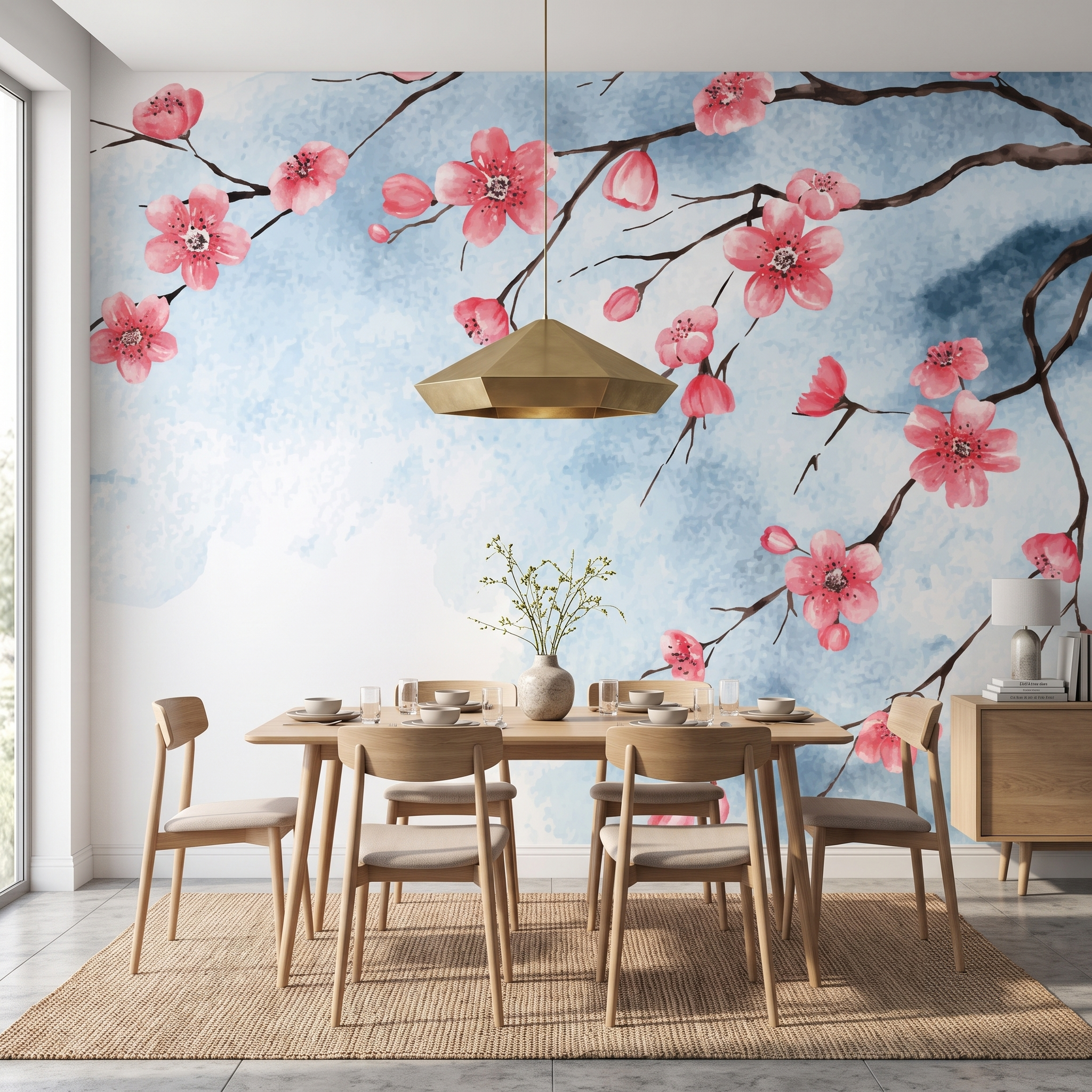 Ahşap yemek masası arkası duvarında tercih edilen mavi ve pembe çiçekli bahar dalı duvar muralı