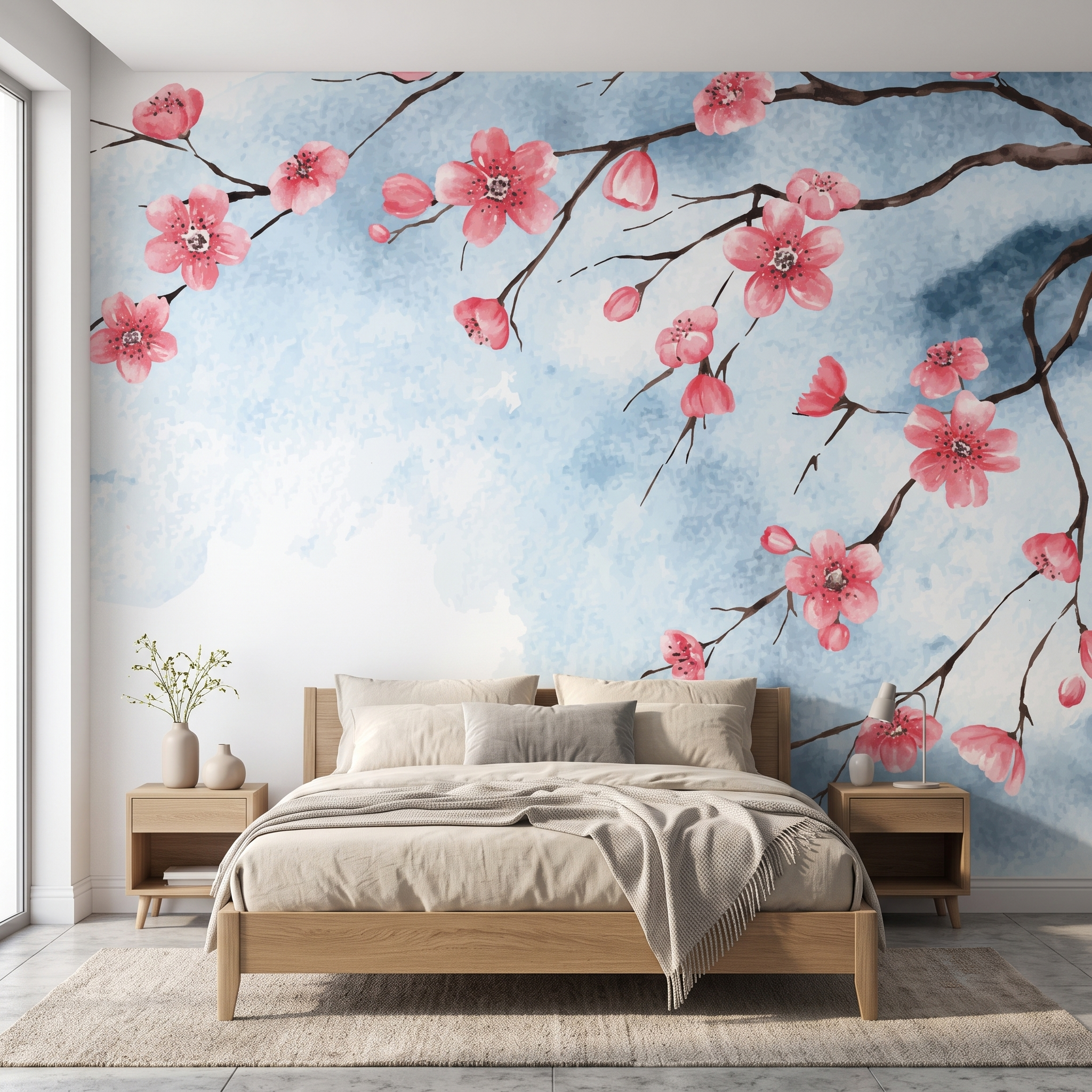 Krem kumaş karyola ve ahşap komodin arkasında kullanılan sulu boya efektli pembe sakura duvar kağıdı