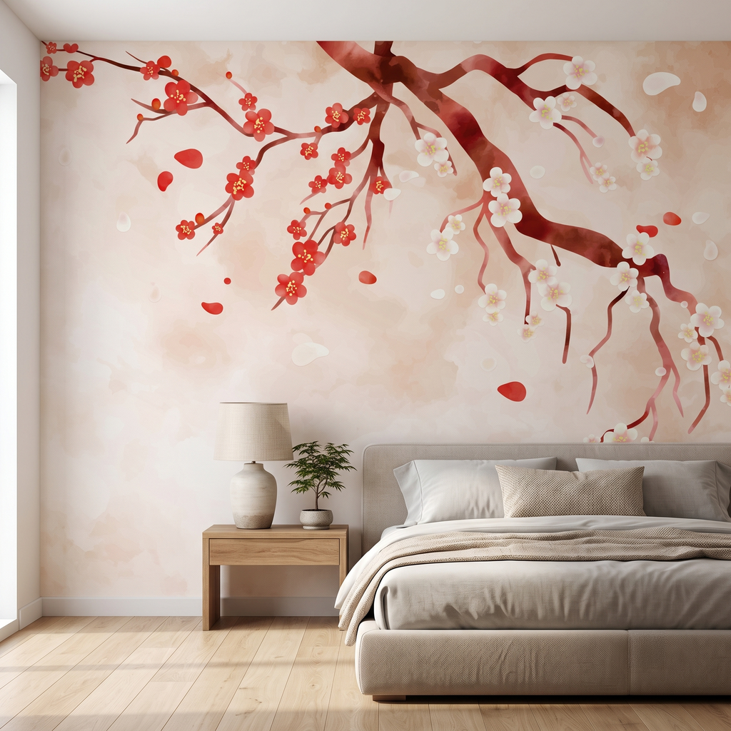 Krem kumaş karyola arkası duvarında tercih edilen Japandi tarzı kırmızı sakura çiçekli duvar muralı