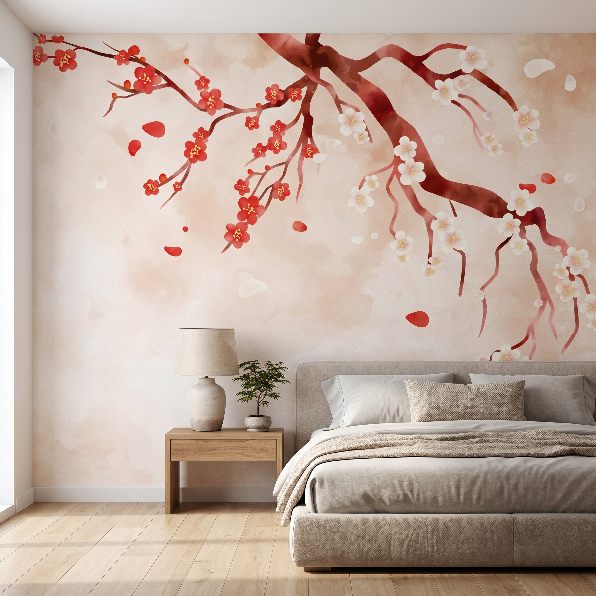 Krem kumaş karyola arkası duvarında tercih edilen Japandi tarzı kırmızı sakura çiçekli duvar muralı