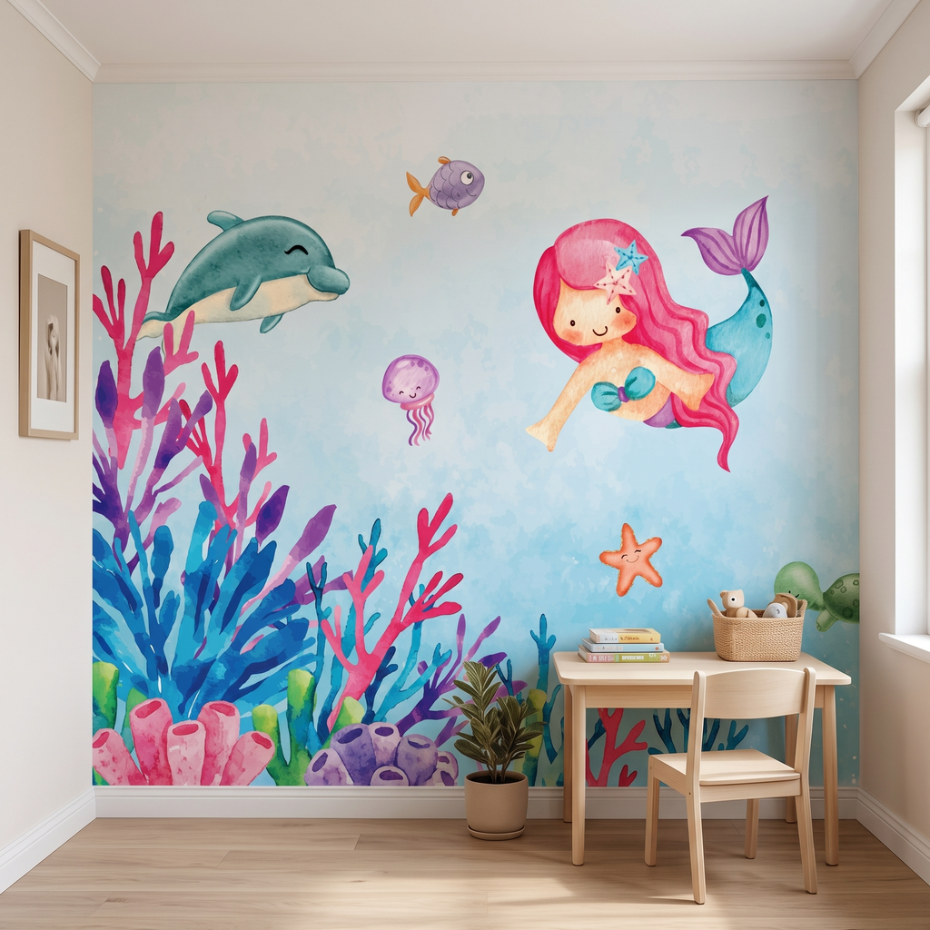 Açık renk ahşap masa yanında kullanılan renkli mercanlı ve pembe deniz kızı desenli çocuk odası duvar muralı