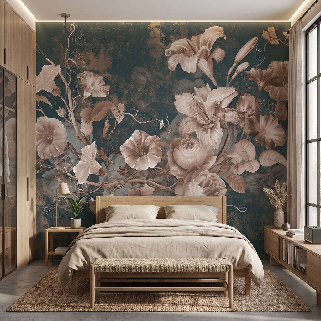 Ahşap karyola ve komodin arkası duvarında tercih edilen lüks vintage zambak desenli duvar muralı