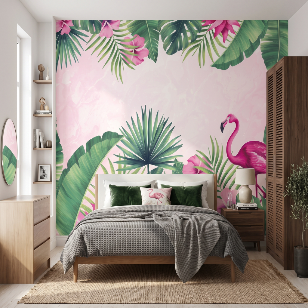 Ahşap yatak başı arkasında uygulanan pembe zeminli flamingo ve yeşil tropikal yaprak desenli duvar kağıdı