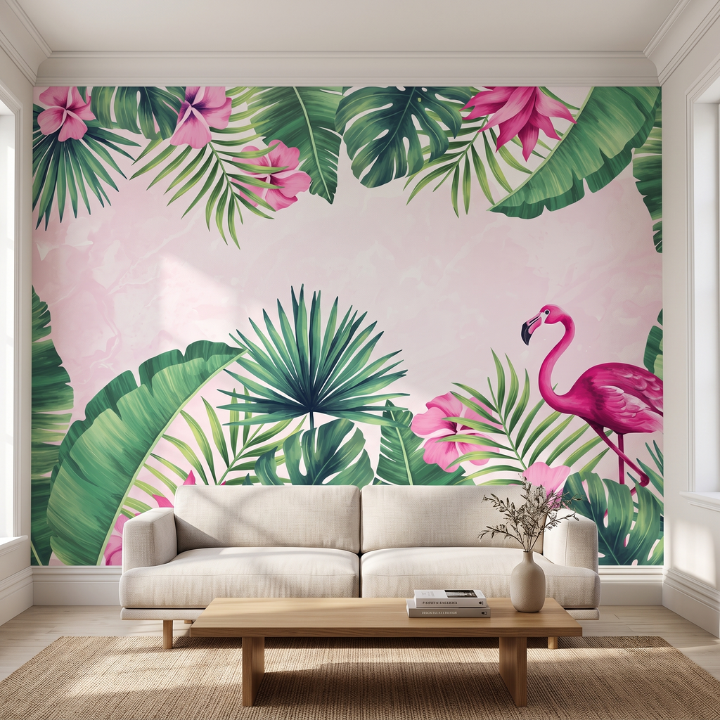 Krem koltuk arkası duvarında tercih edilen pembe flamingo ve hibiskus çiçekli tropikal duvar muralı