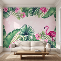 Krem koltuk arkası duvarında tercih edilen pembe flamingo ve hibiskus çiçekli tropikal duvar muralı