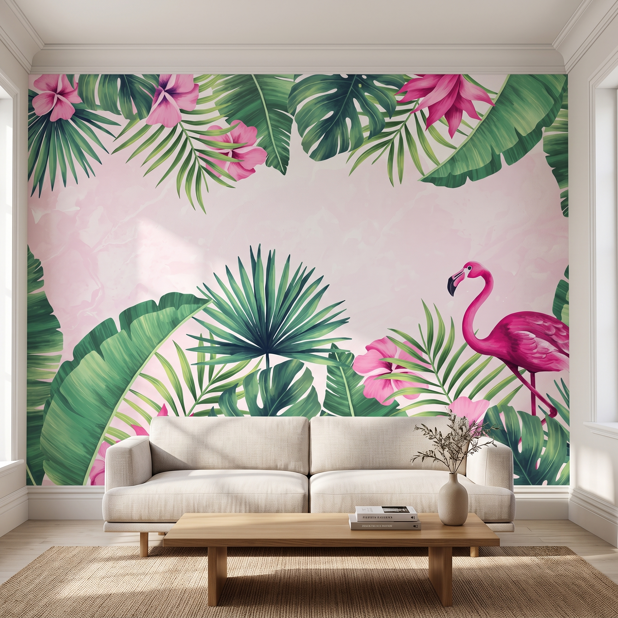 Krem koltuk arkası duvarında tercih edilen pembe flamingo ve hibiskus çiçekli tropikal duvar muralı