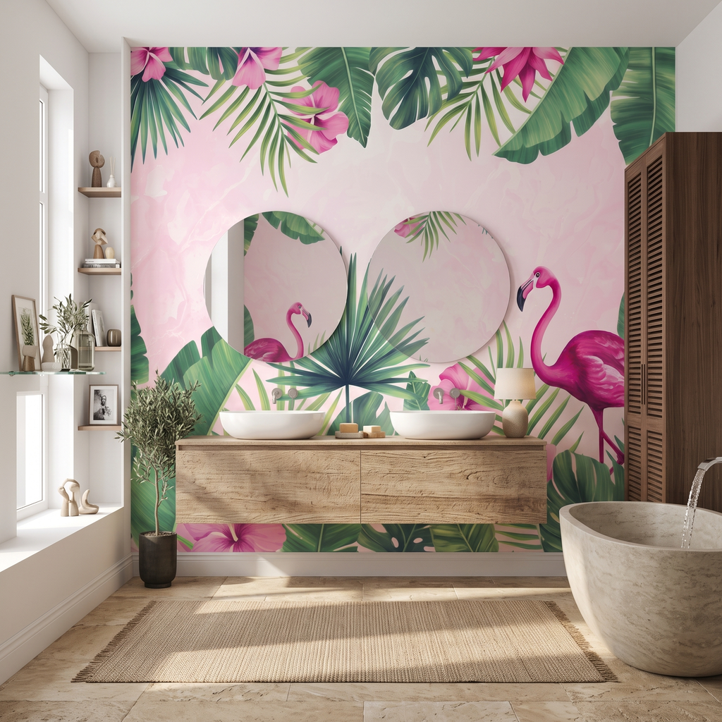 Ahşap banyo tezgahı ve çift yuvarlak ayna arkasında kullanılan pembe zeminli flamingolu duvar muralı