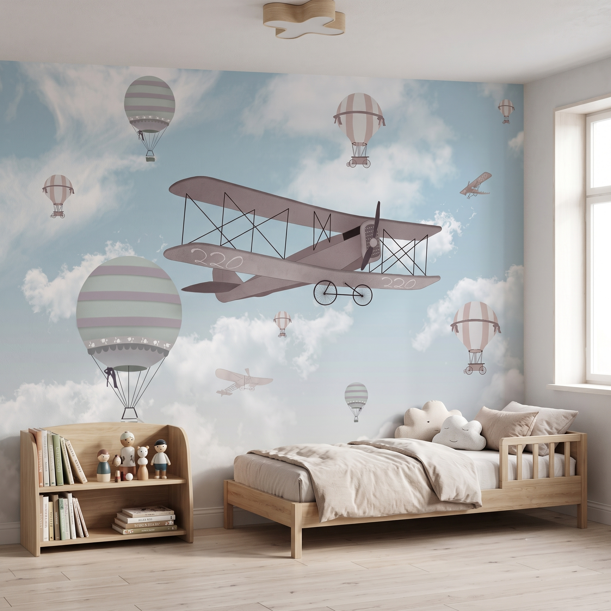 Ahşap çocuk karyolası ve oyuncaklı kitaplık arkasında tercih edilen nostaljik uçaklı duvar muralı