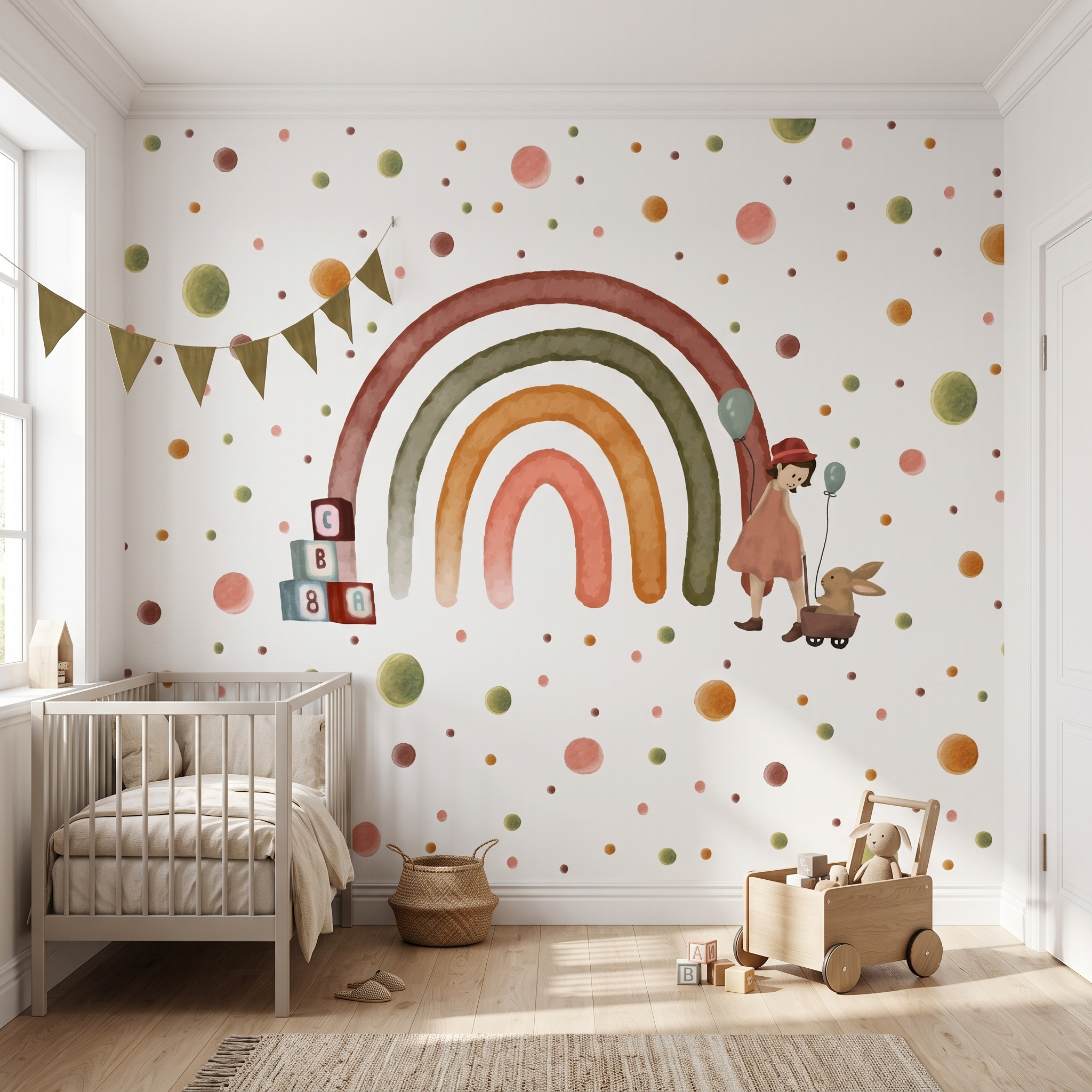Krem bebek beşiği ve kumaş bayrak süsleri arkasında tercih edilen pastel gökkuşağı ve puantiyeli çocuk duvar muralı