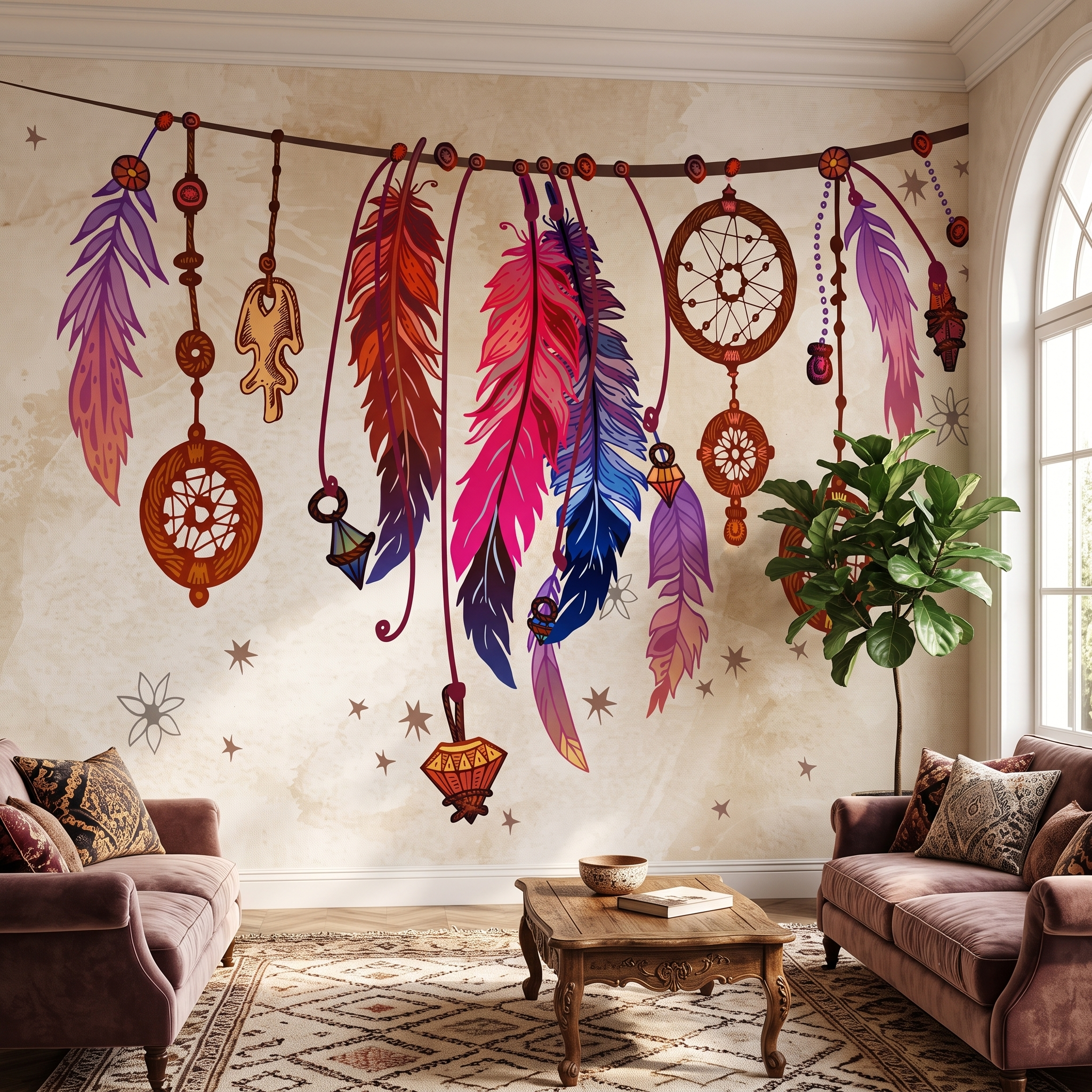 Gül kurusu kadife koltuklar ve ahşap orta sehpa arkasında tercih edilen etnik tüy ve dreamcatcher duvar muralı