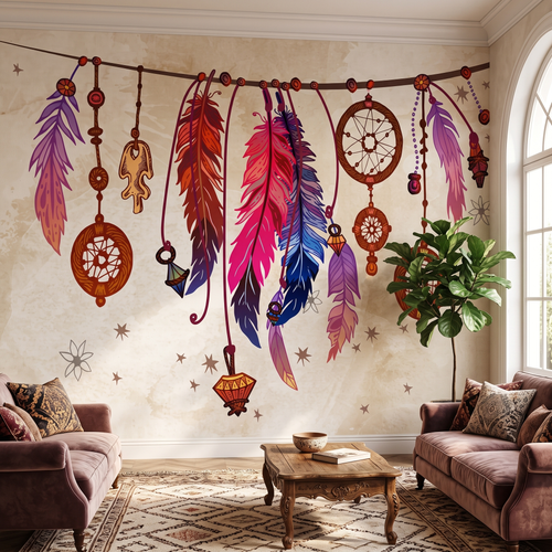 Gül kurusu kadife koltuklar ve ahşap orta sehpa arkasında tercih edilen etnik tüy ve dreamcatcher duvar muralı