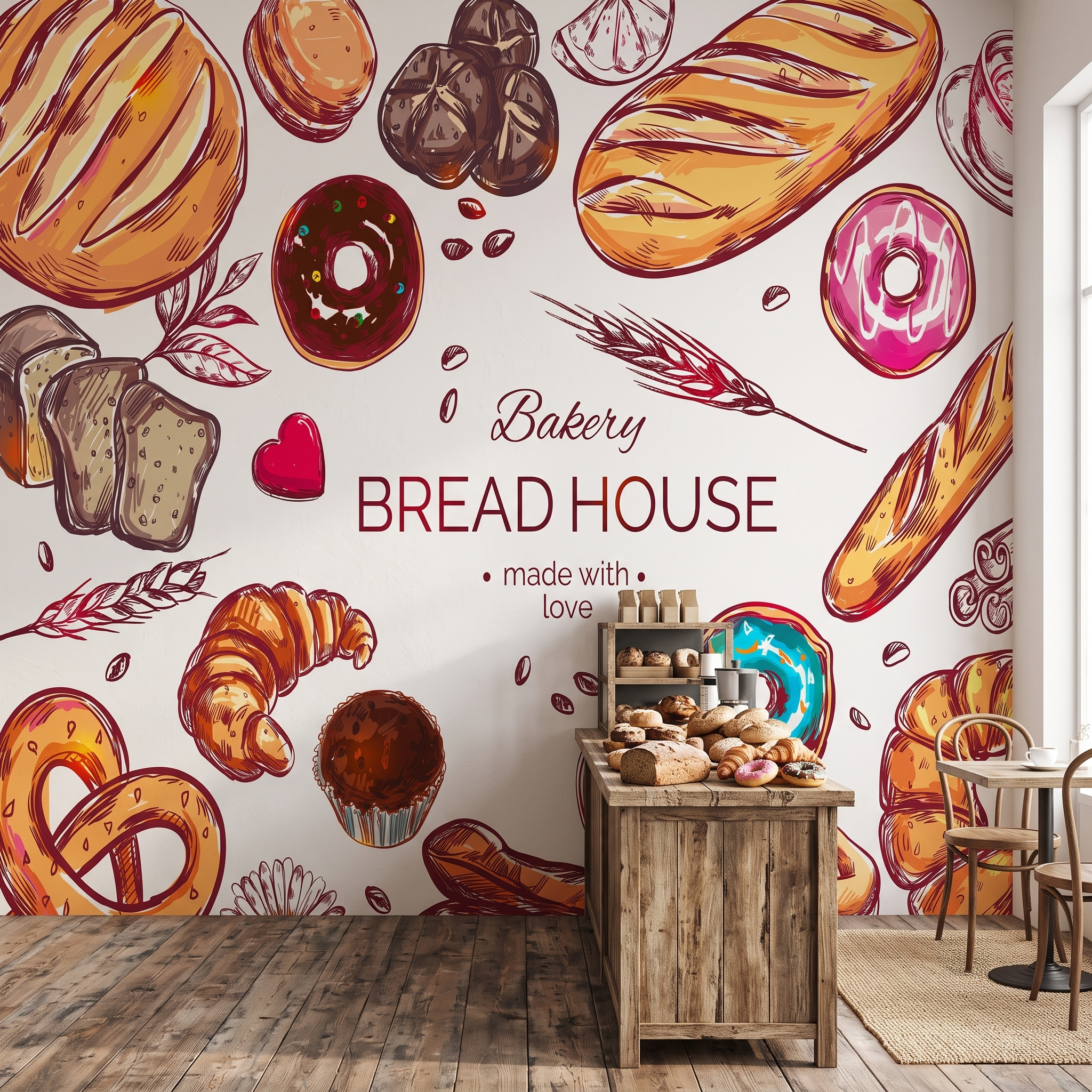Ahşap fırın tezgahı arkasında uygulanan ekmek ve kruvasan desenli vintage bakery duvar kağıdı