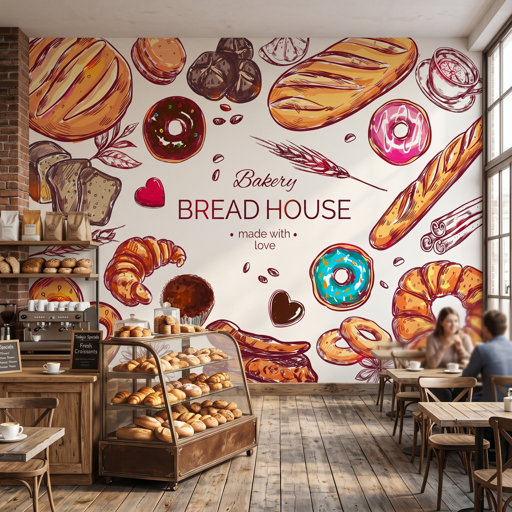 Ahşap kafe masaları ve vitrin tezgahı arkasında tercih edilen vintage fırın ve pastane desenli duvar muralı