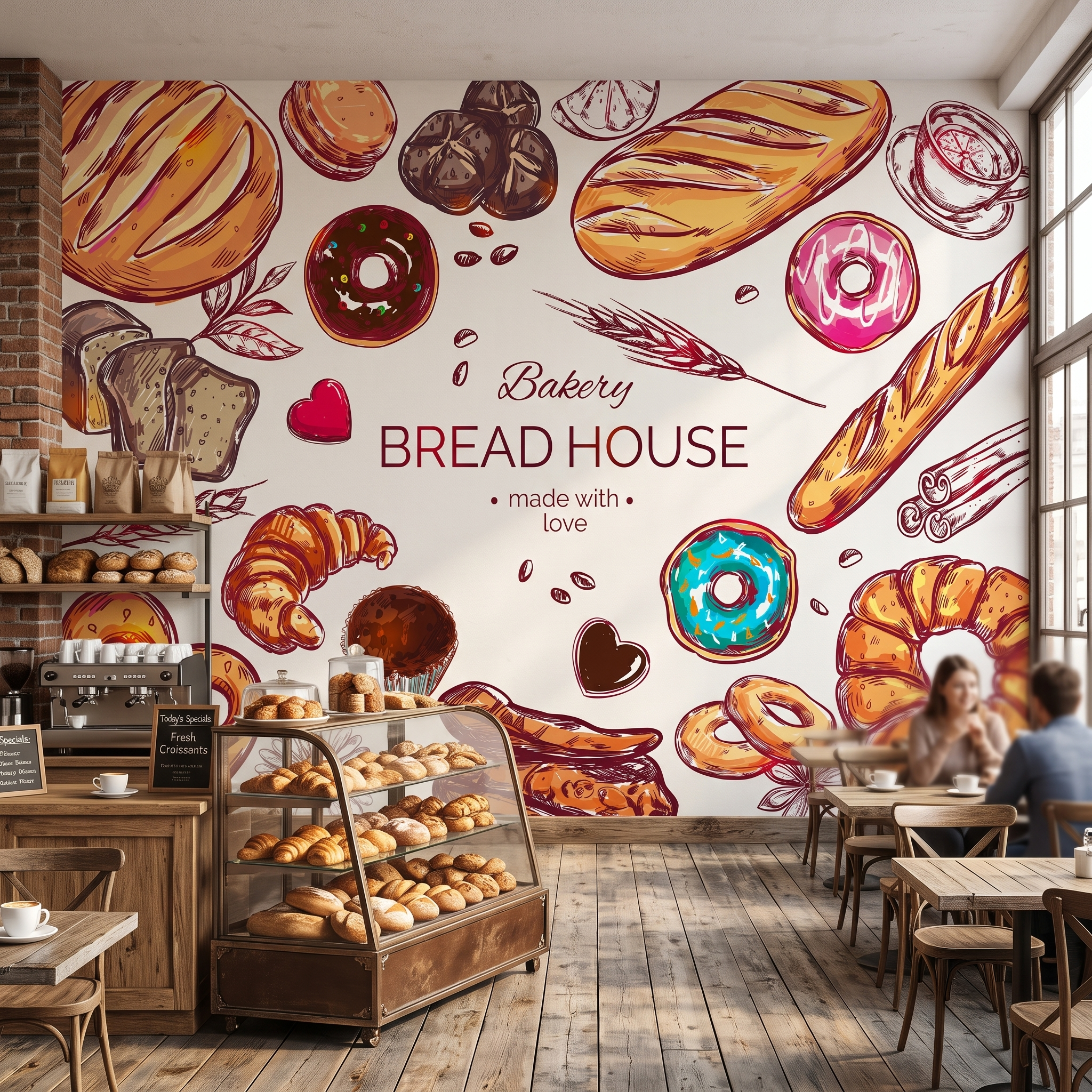 Ahşap kafe masaları ve vitrin tezgahı arkasında tercih edilen vintage fırın ve pastane desenli duvar muralı
