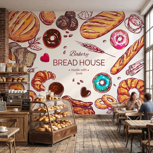 Ahşap kafe masaları ve vitrin tezgahı arkasında tercih edilen vintage fırın ve pastane desenli duvar muralı