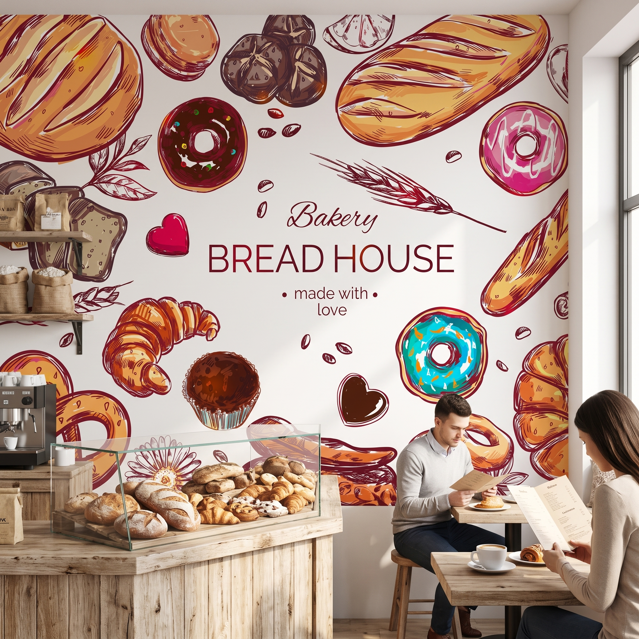 Cam pasta teşhir dolabı ve kafe masası arkasında kullanılan illüstrasyon ekmek ve donut desenli kafe duvar kağıdı