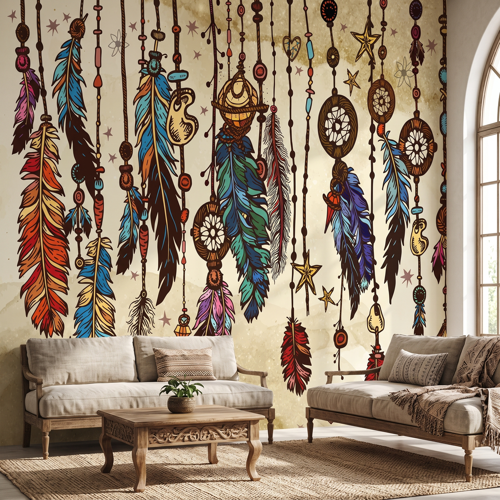 Ahşap iskeletli keten koltuklar arkasında tercih edilen bohem dreamcatcher ve renkli tüy motifli duvar muralı