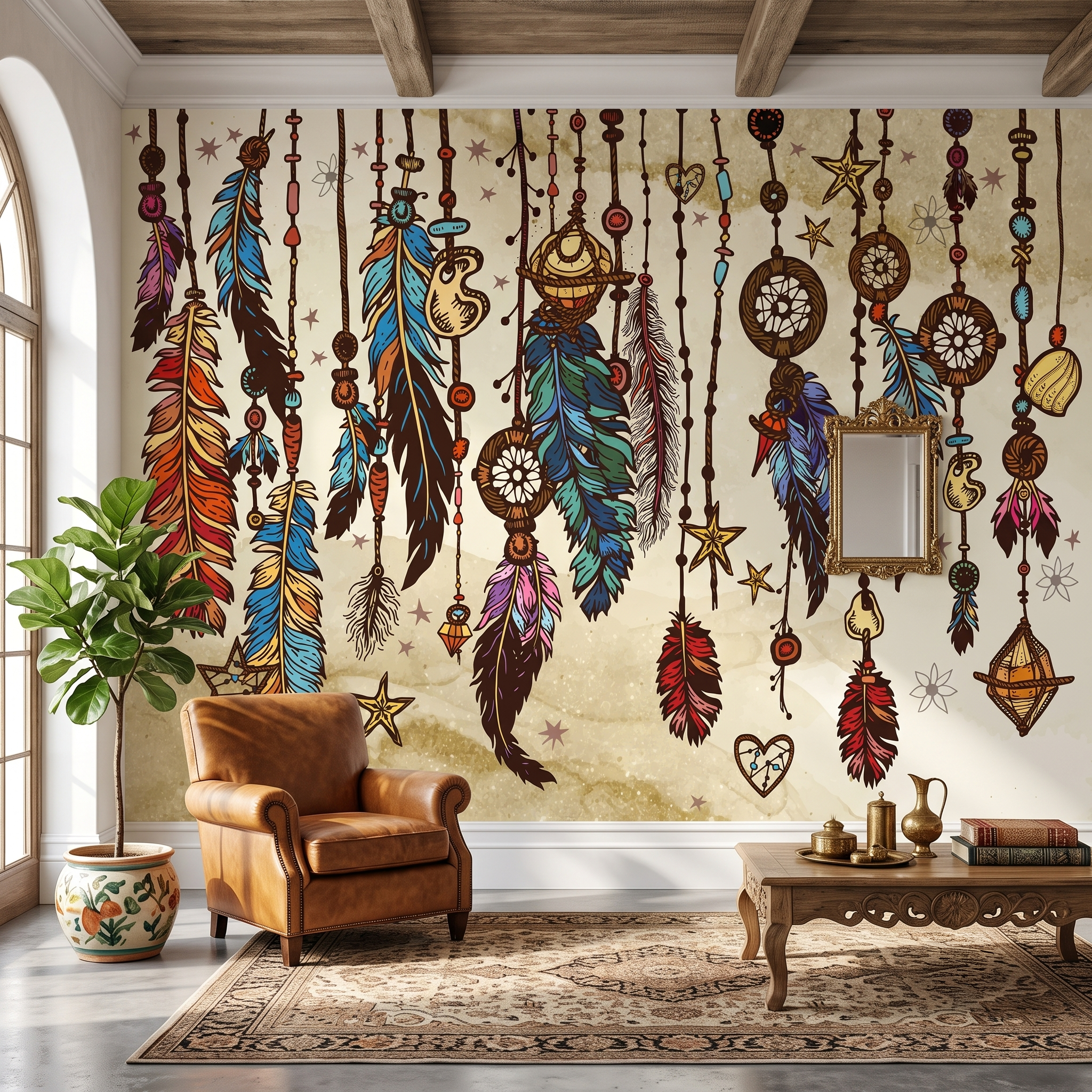 Taba deri berjer ve otantik desenli kilim arkasında kullanılan bej zeminli etnik tüy desenli duvar kağıdı